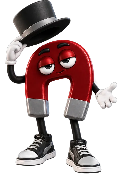 La mascotte Magneto, un aimant rouge qui soulève son chapeau haut-de-forme